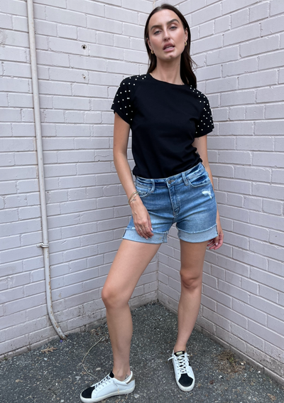 The Pink Door Pearl Embellished Sleeve Tee - Black