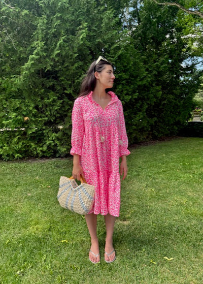 The Pink Door Cheetah Print Cotton Dress Neon Pink