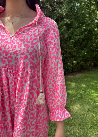 The Pink Door Cheetah Print Cotton Dress Neon Pink