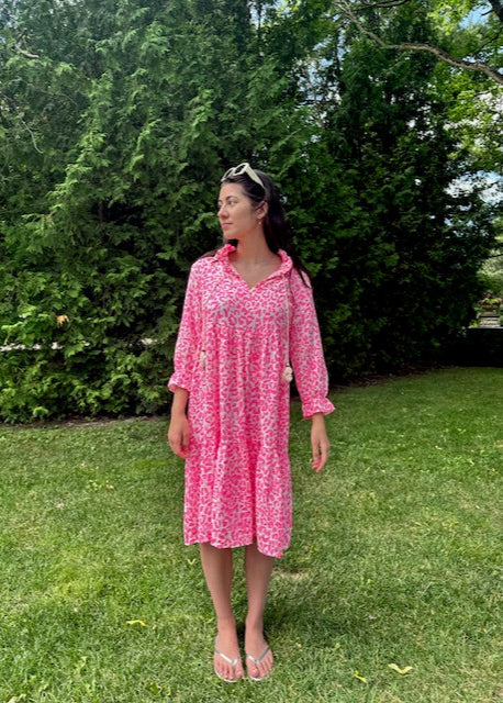 The Pink Door Cheetah Print Cotton Dress Neon Pink