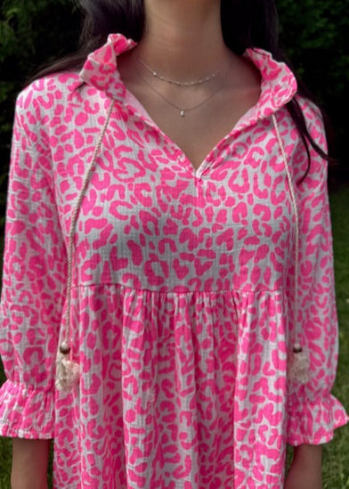 The Pink Door Cheetah Print Cotton Dress Neon Pink