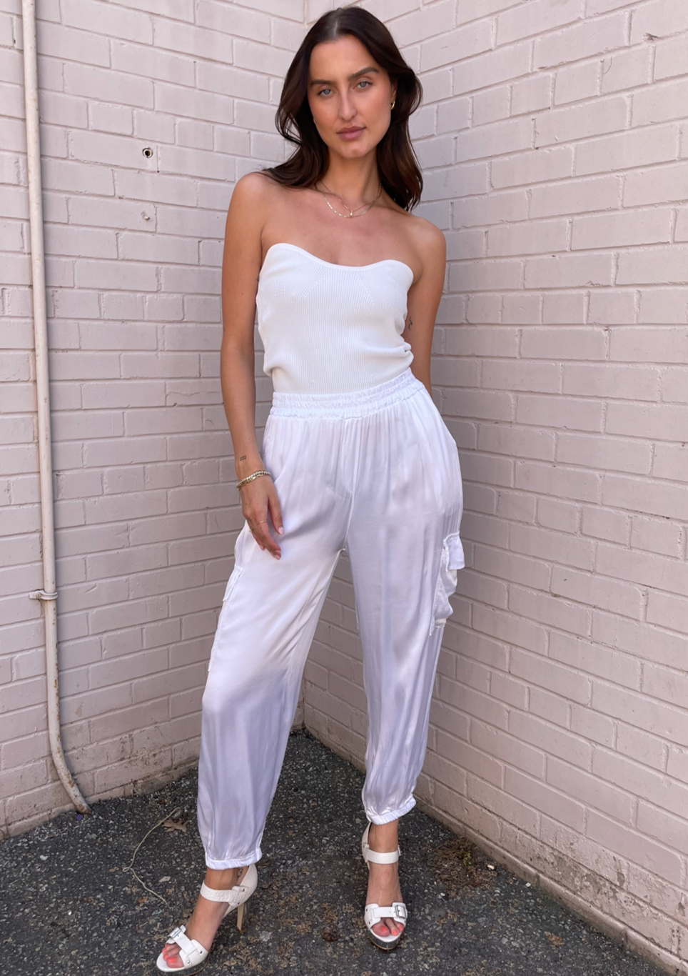 The Pink Door Silky Cargo Joggers - White
