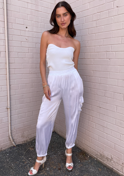 The Pink Door Silky Cargo Joggers - White