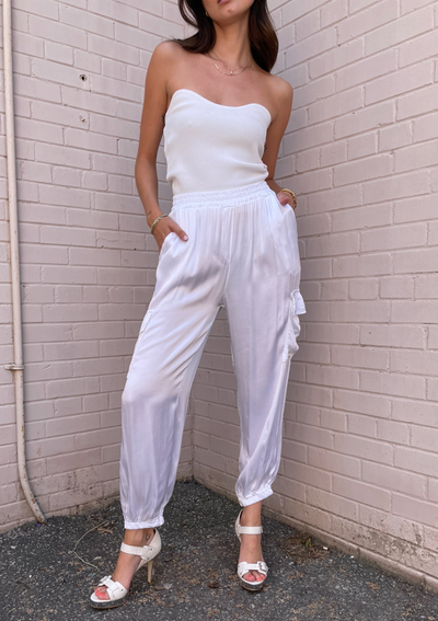 The Pink Door Silky Cargo Joggers - White