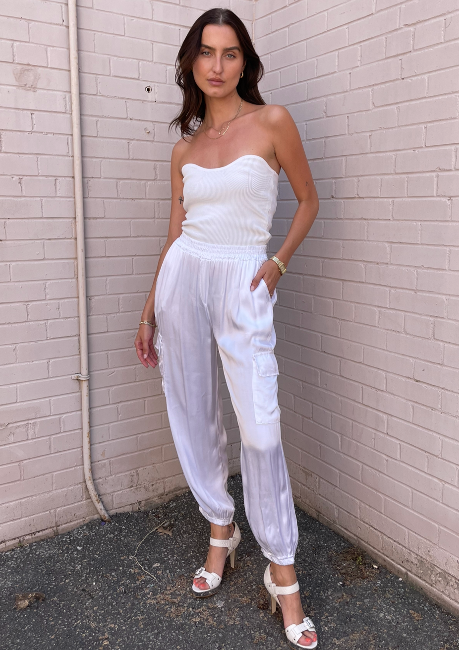 The Pink Door Silky Cargo Joggers - White
