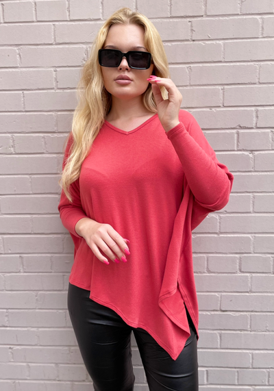 Stark X Soft Solid Asymmetrical V Neck Top - Rouge