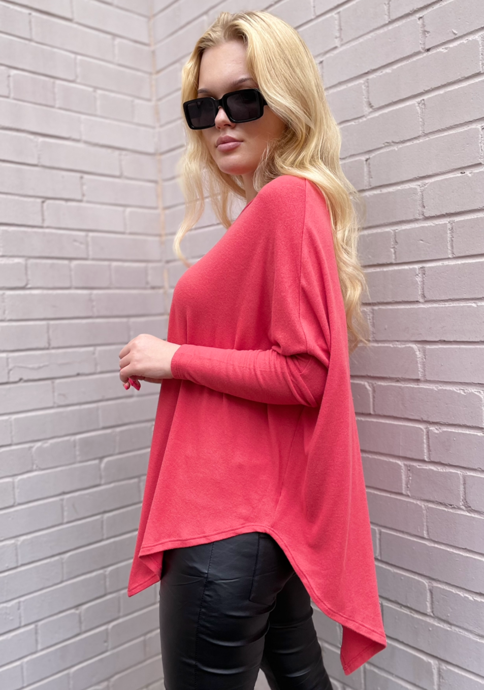 Stark X Soft Solid Asymmetrical V Neck Top - Rouge