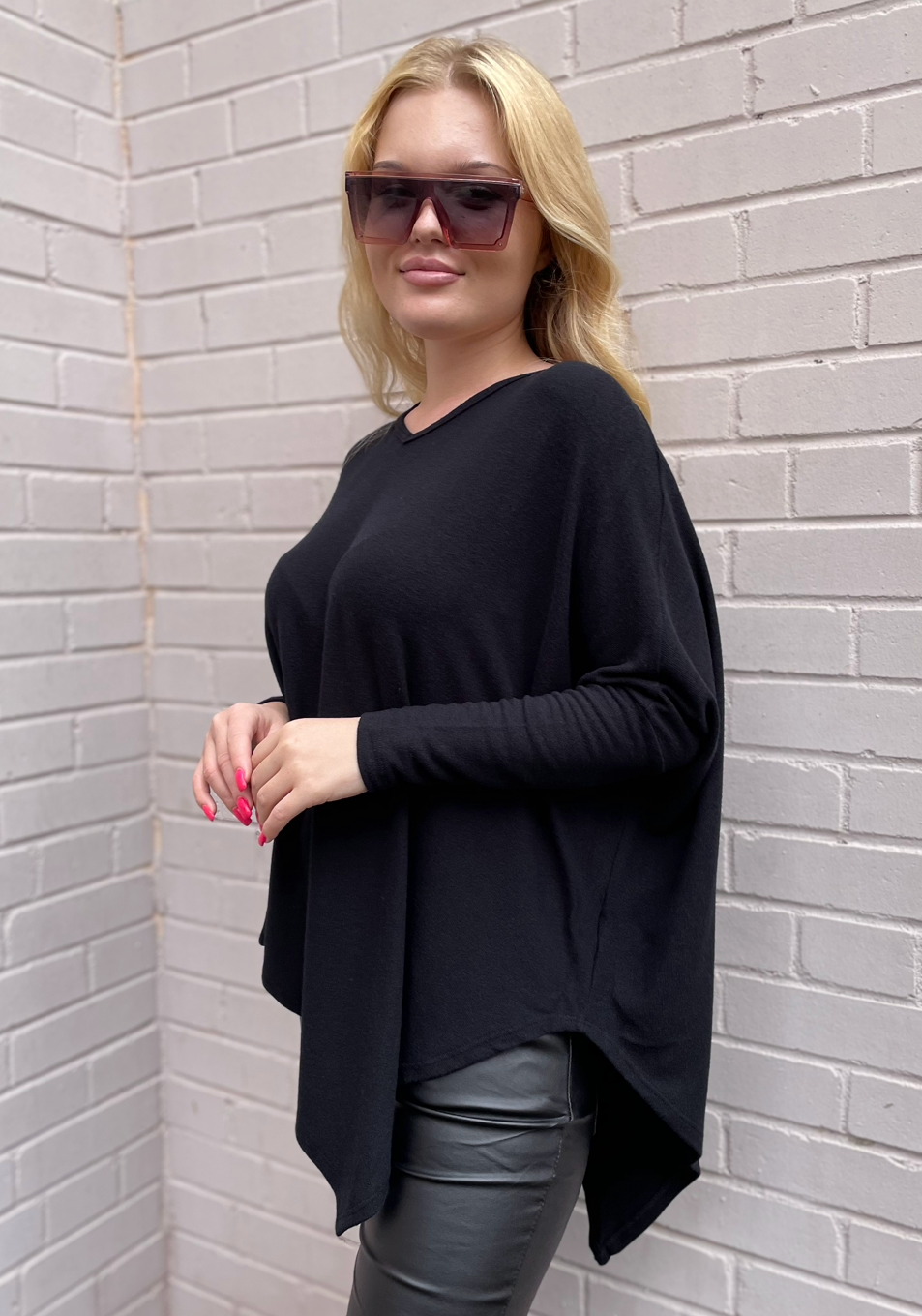 Stark X Soft Solid Asymmetrical V Neck Top - Black