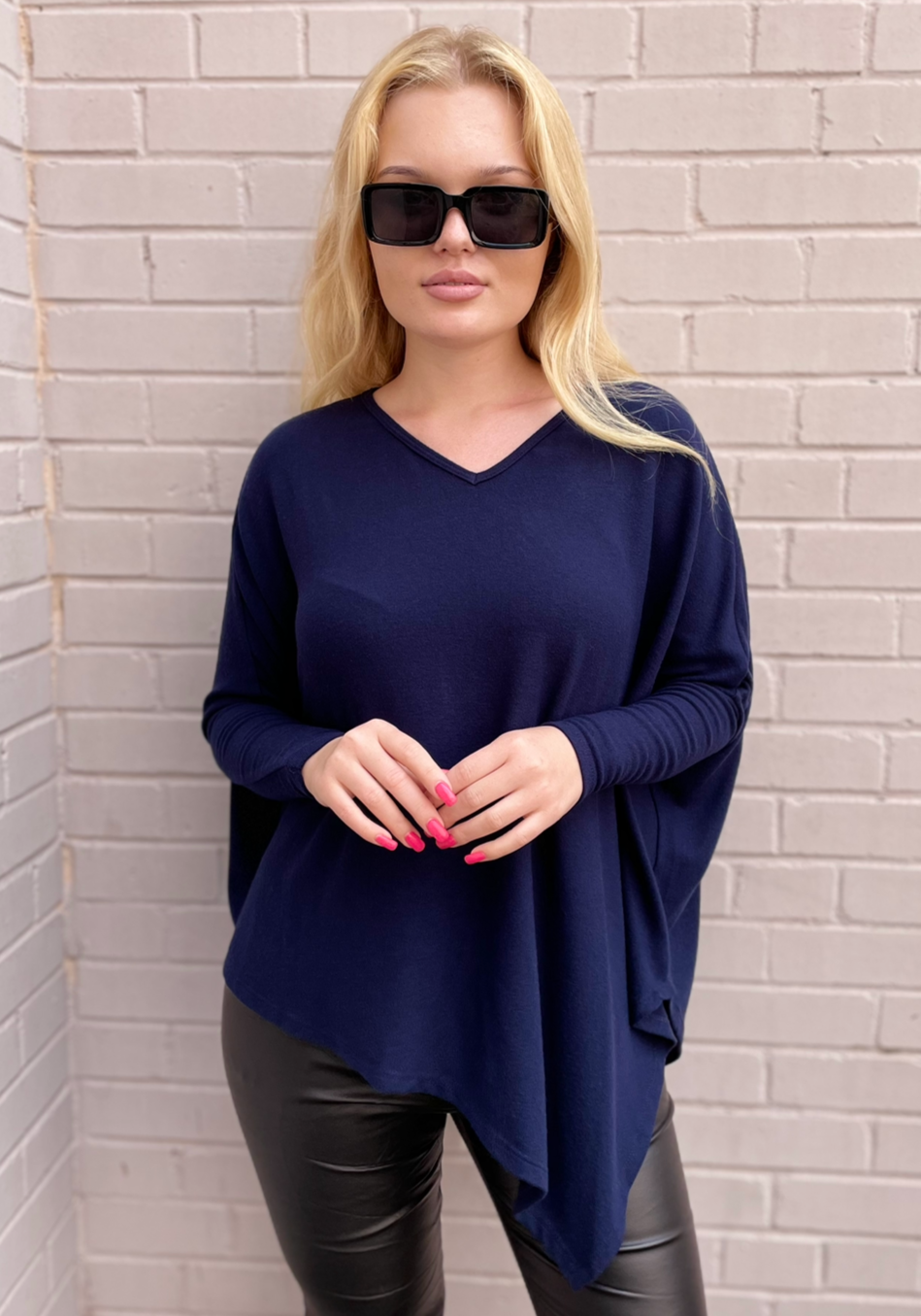 Stark X Soft Solid Asymmetrical V Neck Top - Navy