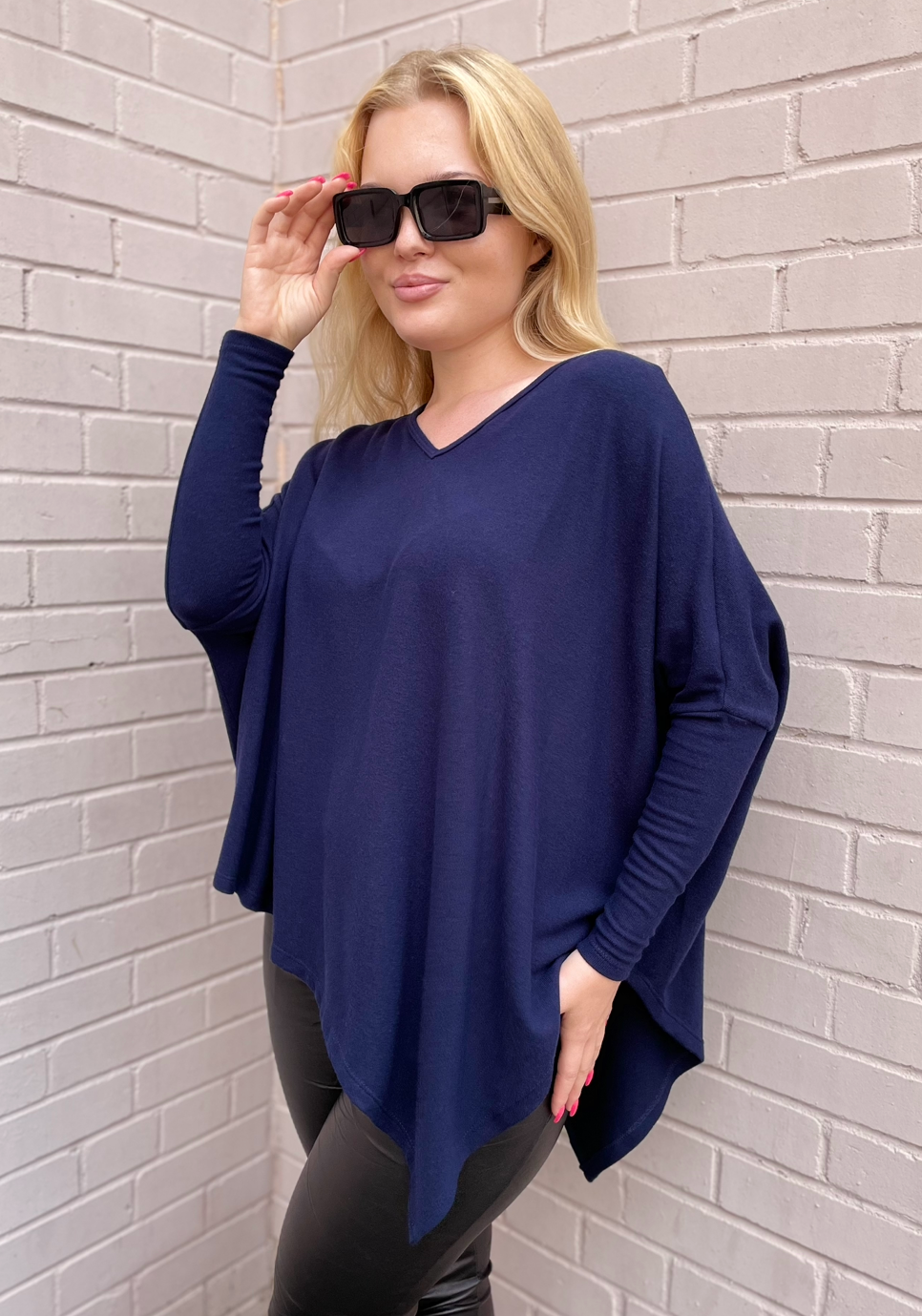 Stark X Soft Solid Asymmetrical V Neck Top - Navy