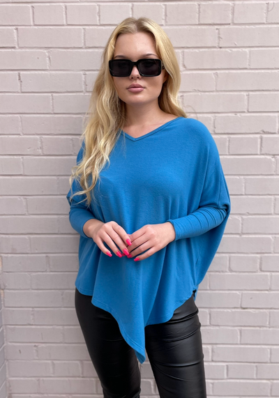 Stark X Soft Solid Asymmetrical V Neck Top - Sky Blue