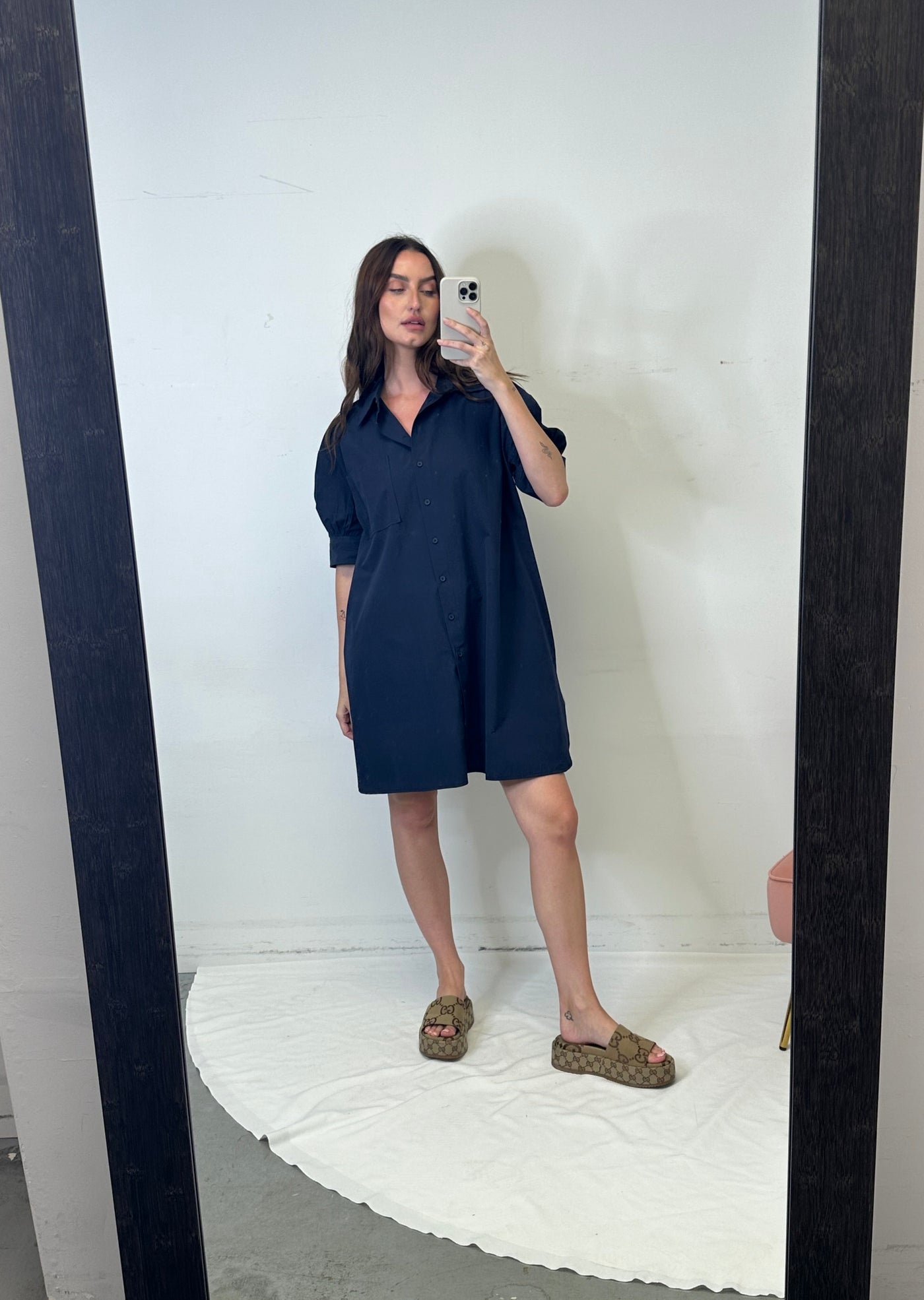 The Pink Door Classic Cotton Shirt Dress - Navy