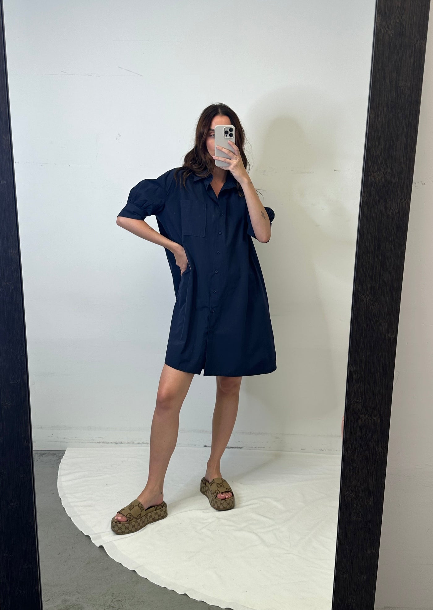 The Pink Door Classic Cotton Shirt Dress - Navy