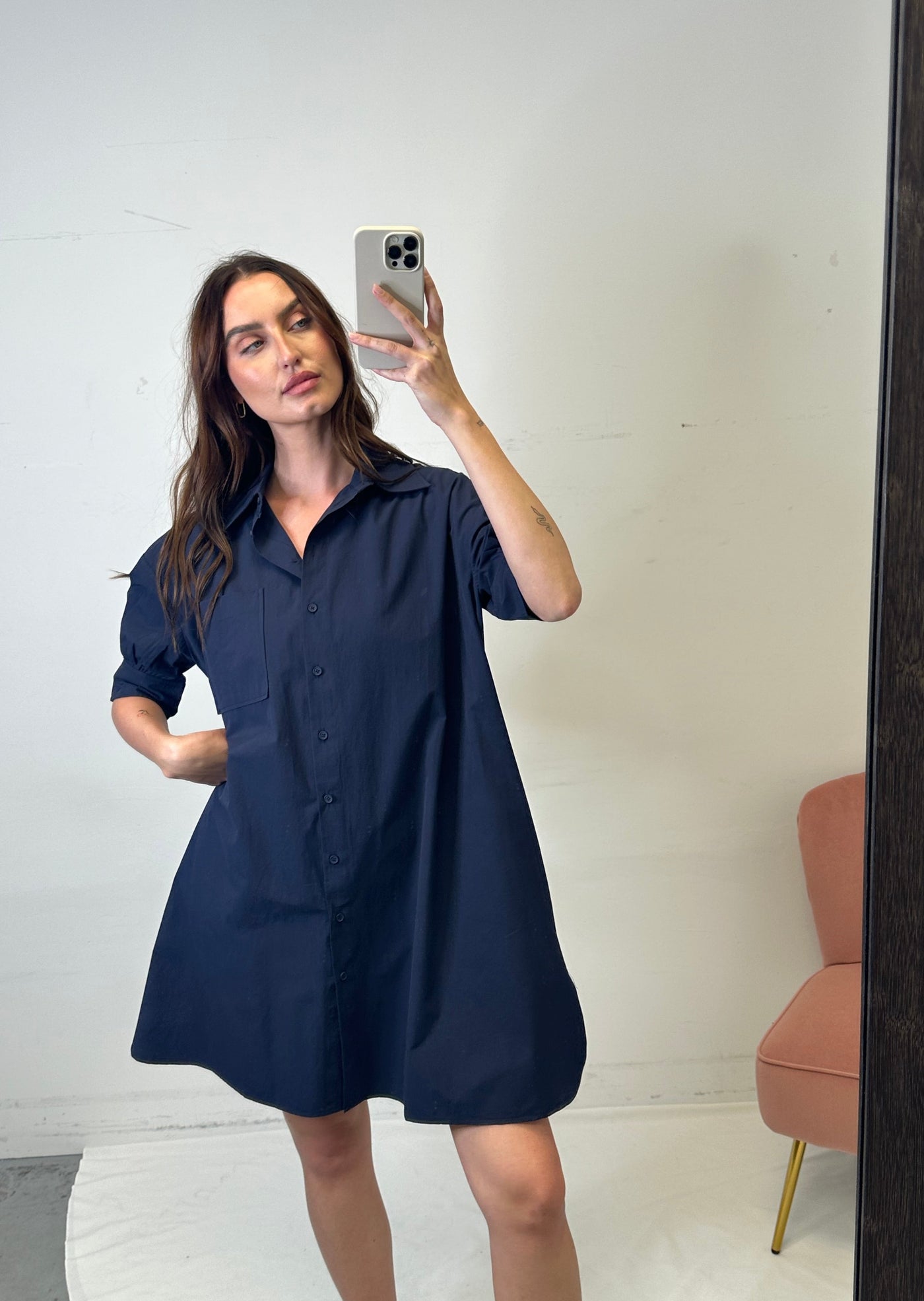 The Pink Door Classic Cotton Shirt Dress - Navy