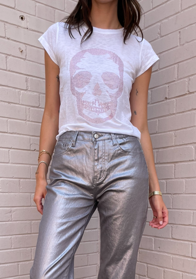 Zadig & Voltaire Skinny Skull Strass Tee - White/Pink