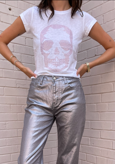 Zadig & Voltaire Skinny Skull Strass Tee - White/Pink