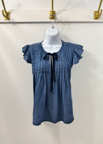 The Pink Door Black Bow Chambray Ruffle Top