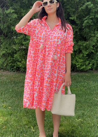 The Pink Door Cheetah Print Cotton Dress Neon Orange