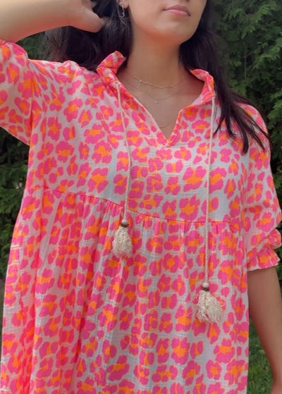 The Pink Door Cheetah Print Cotton Dress Neon Orange