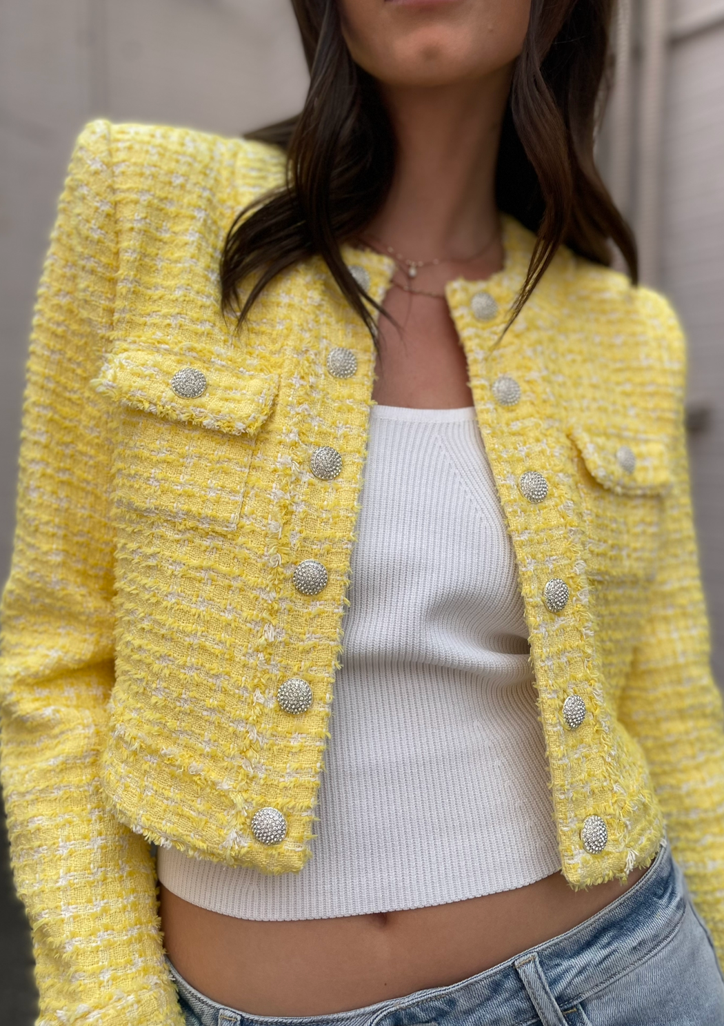 Generation Love Valentina Cropped Tweed Jacket - Yellow/White