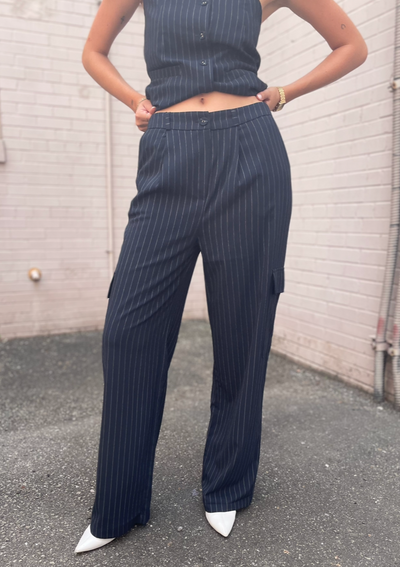 The Pink Door Wide Leg Pinstripe Cargo Pants - Navy