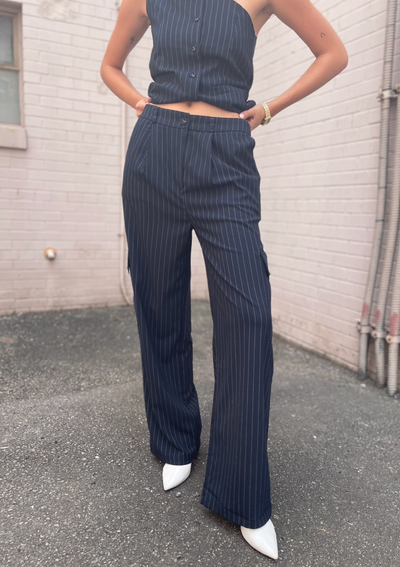 The Pink Door Wide Leg Pinstripe Cargo Pants - Navy