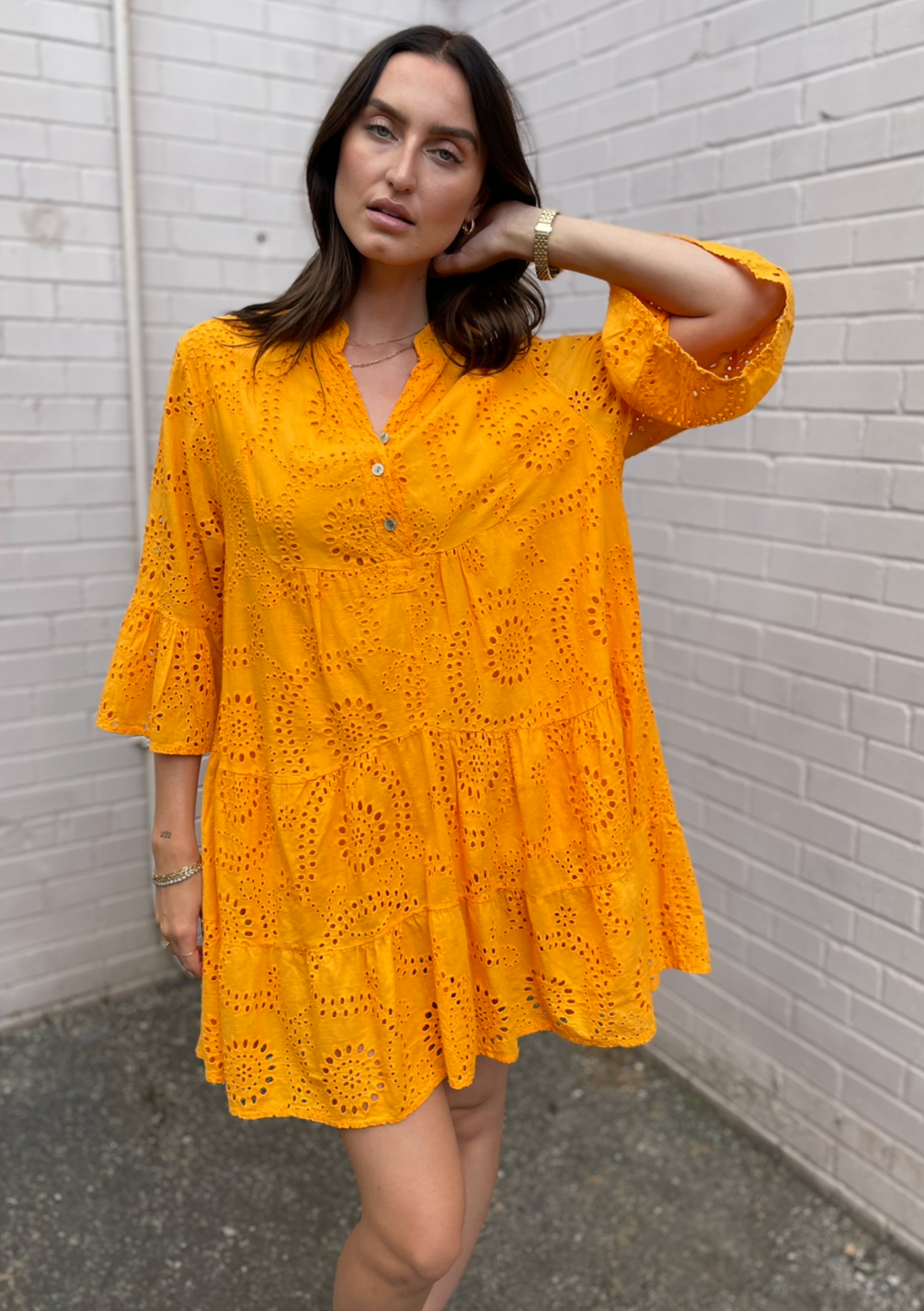 The Pink Door Eyelet Ruffle Dress - Orange