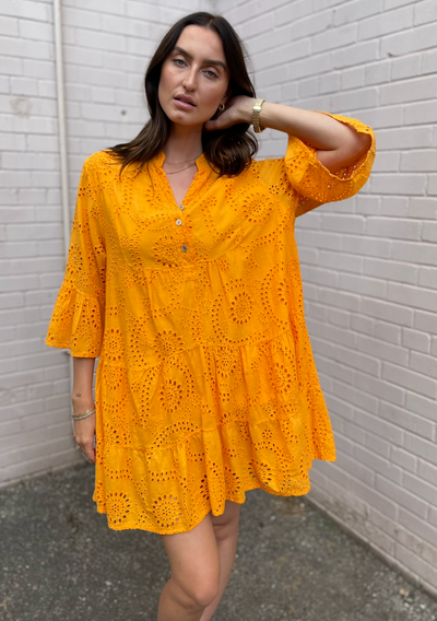 MINI Eyelet Ruffle Dress - Orange