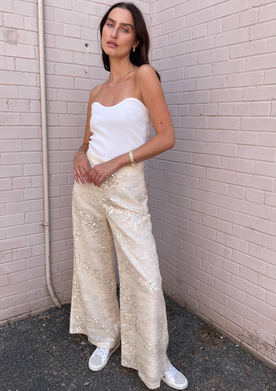 Molly Bracken Sequin High Waist Pants - Vanilla