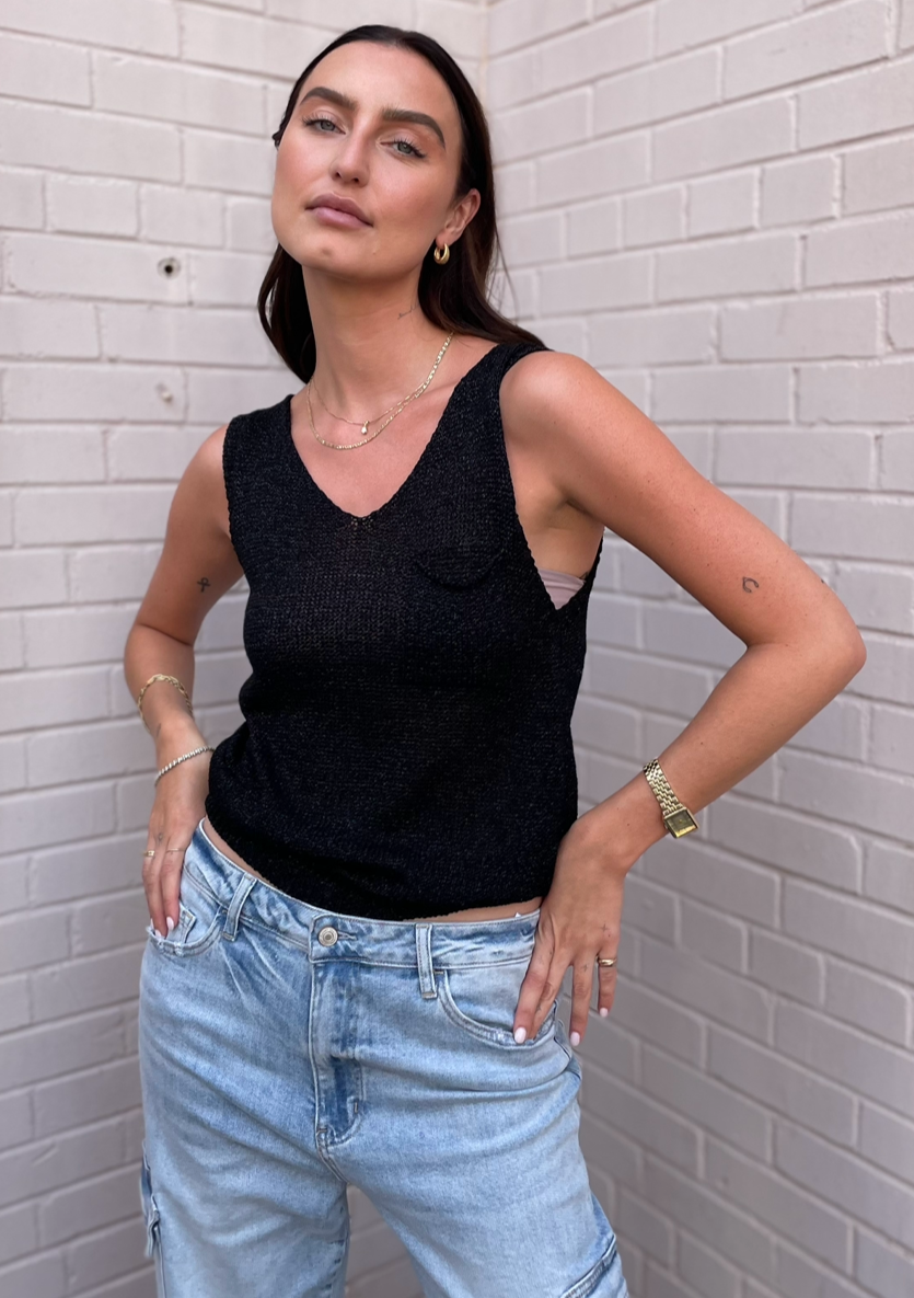 The Pink Door Knit S/S Top - Black