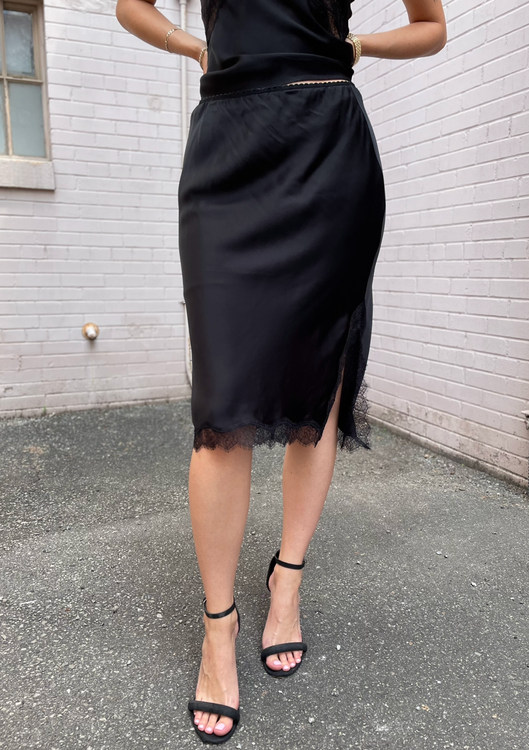 HERSKIND Black Satin Slip Skirt w/ Lace Detail