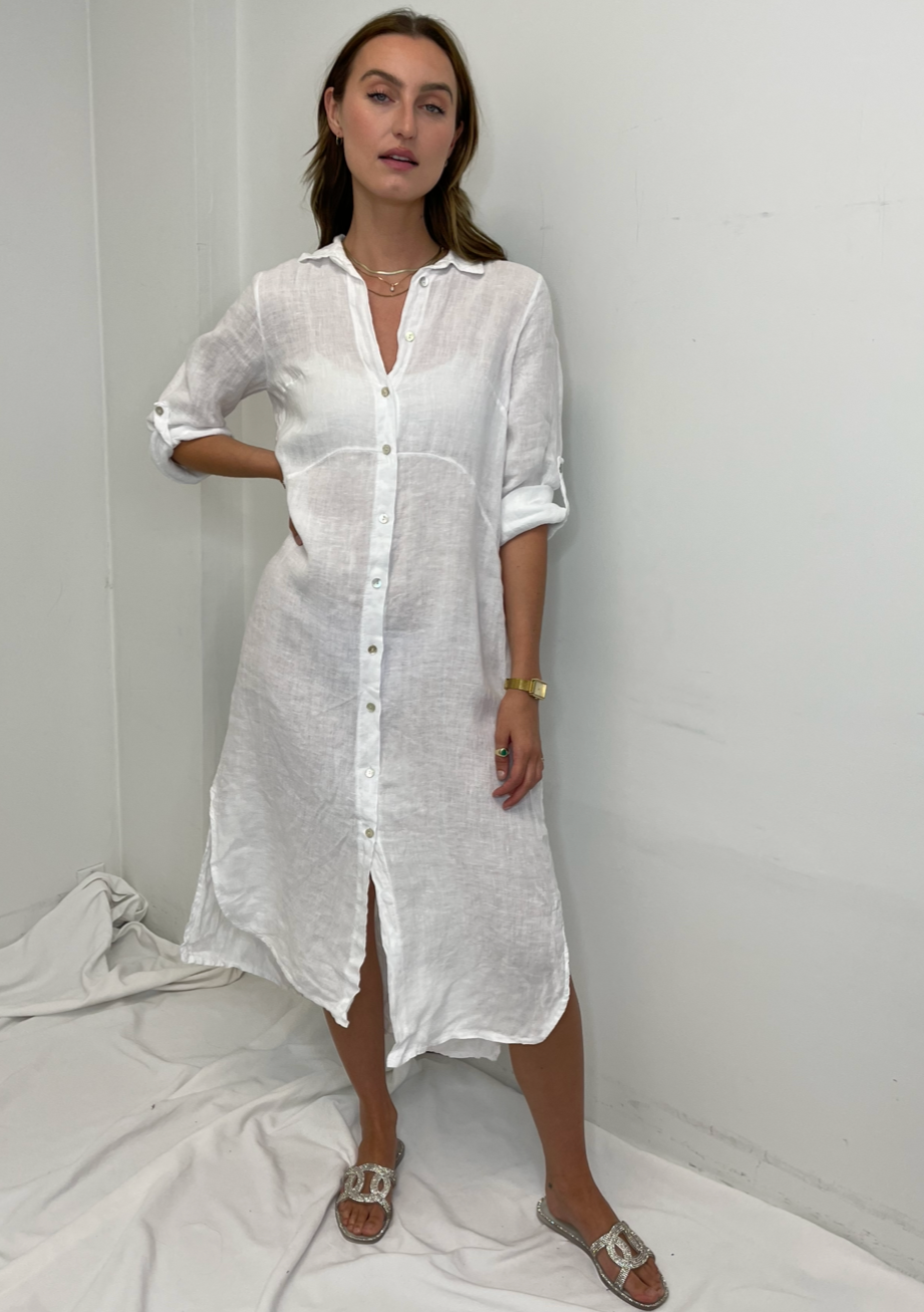 The Pink Door Plain Linen Dress w/ Rolled Sleeves - White