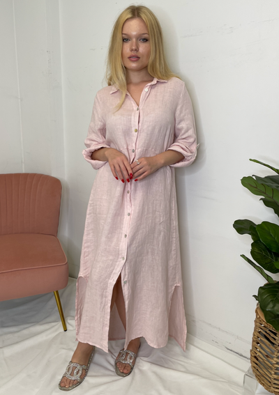 The Pink Door Long Linen Shirt Dress - Blush