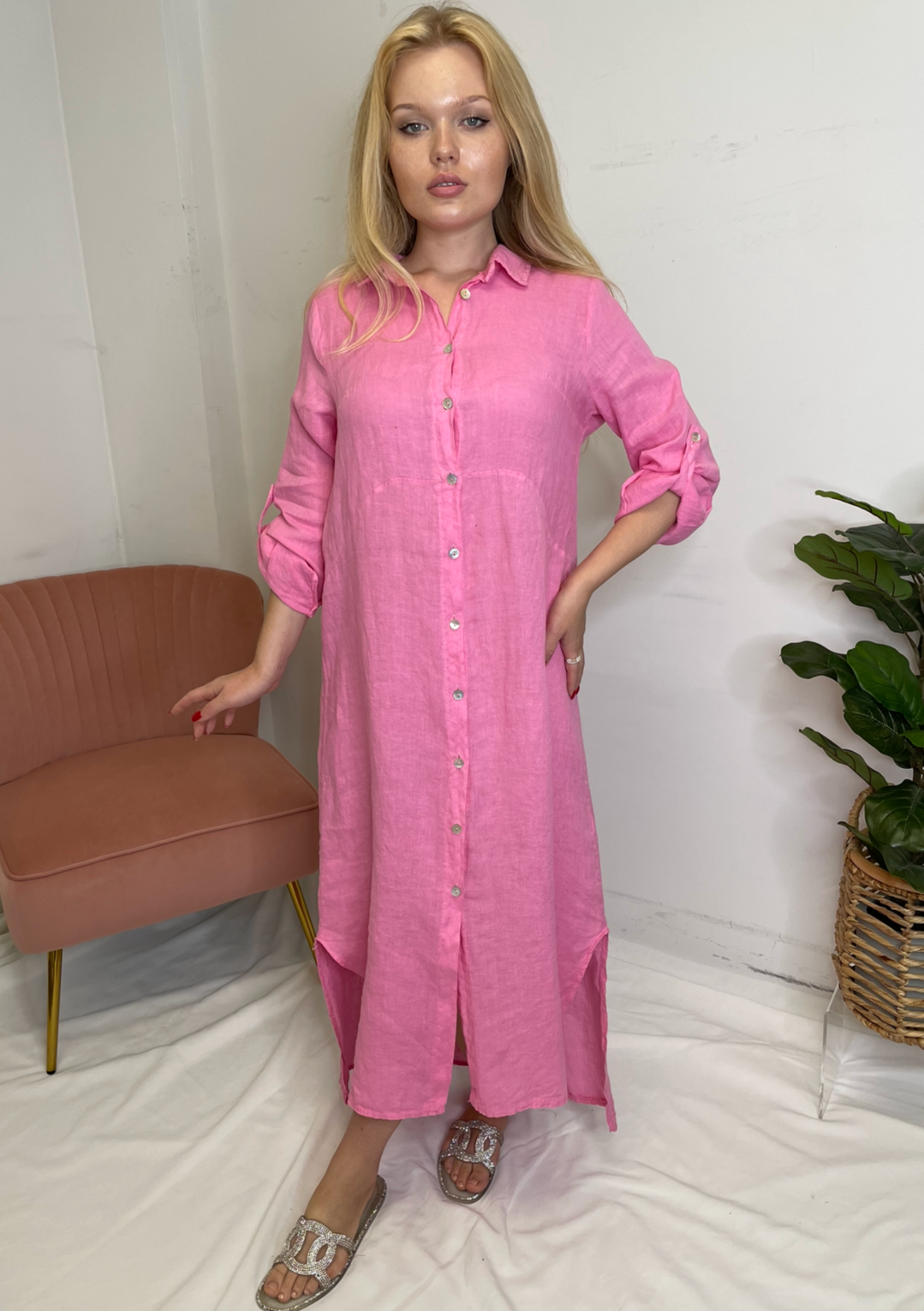 The Pink Door Long Linen Shirt Dress - Bubblegum