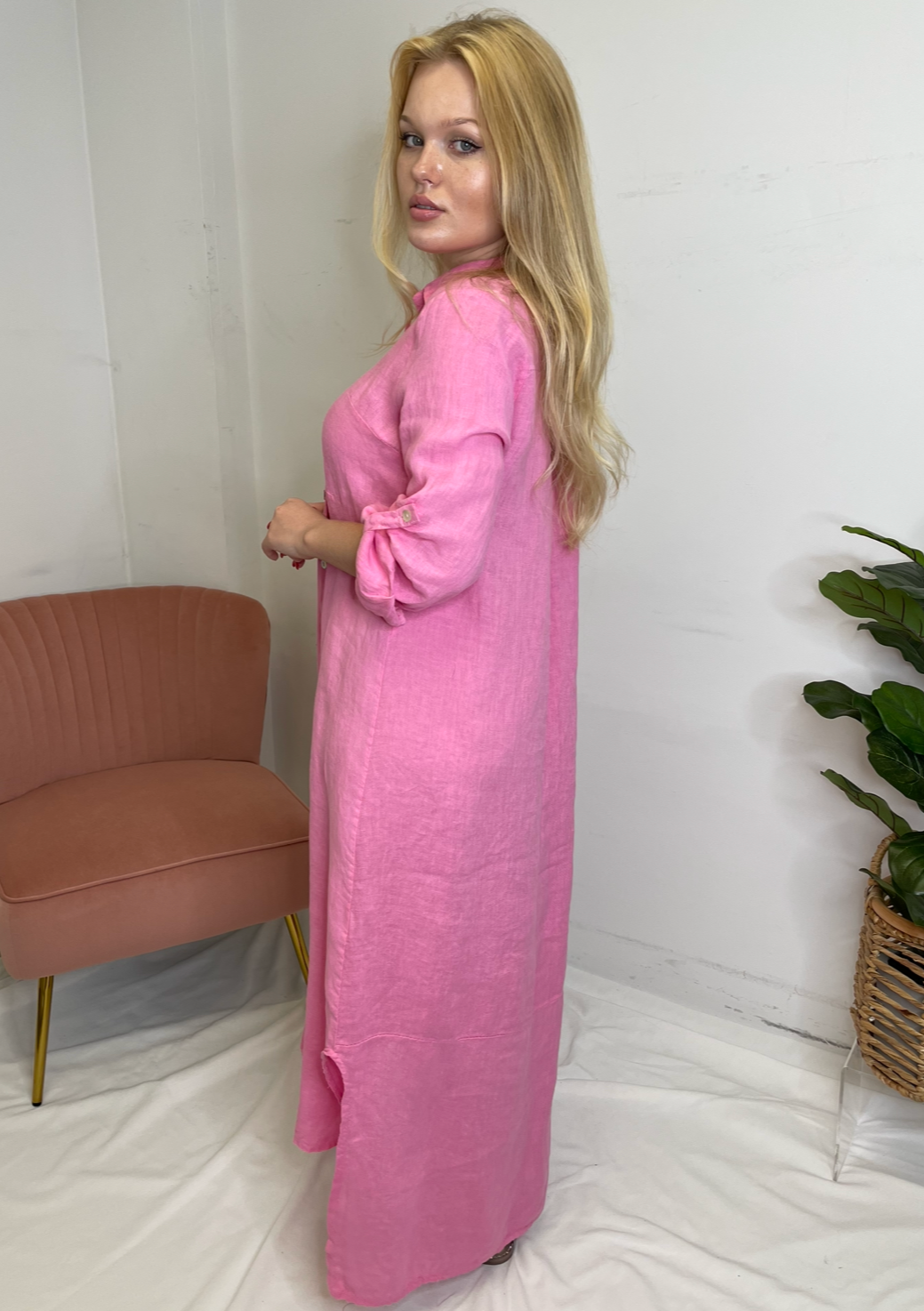 The Pink Door Long Linen Shirt Dress - Bubblegum