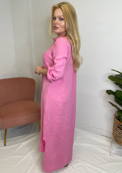 The Pink Door Long Linen Shirt Dress - Bubblegum