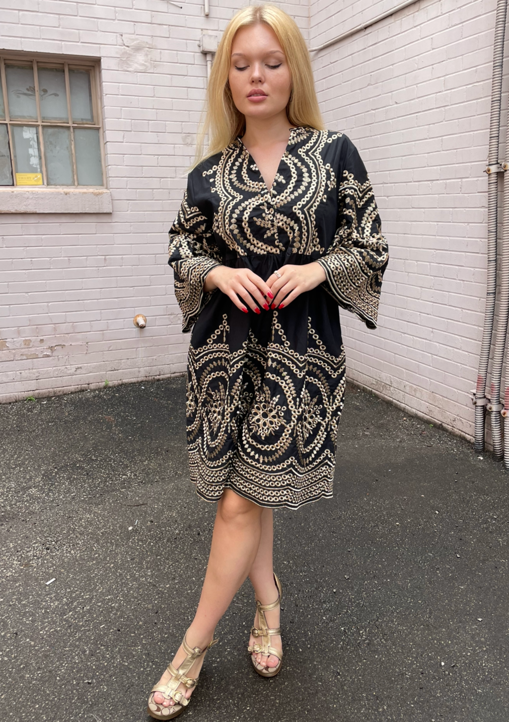 The Pink Door Gold Embroidered Scalloped Dress - Black