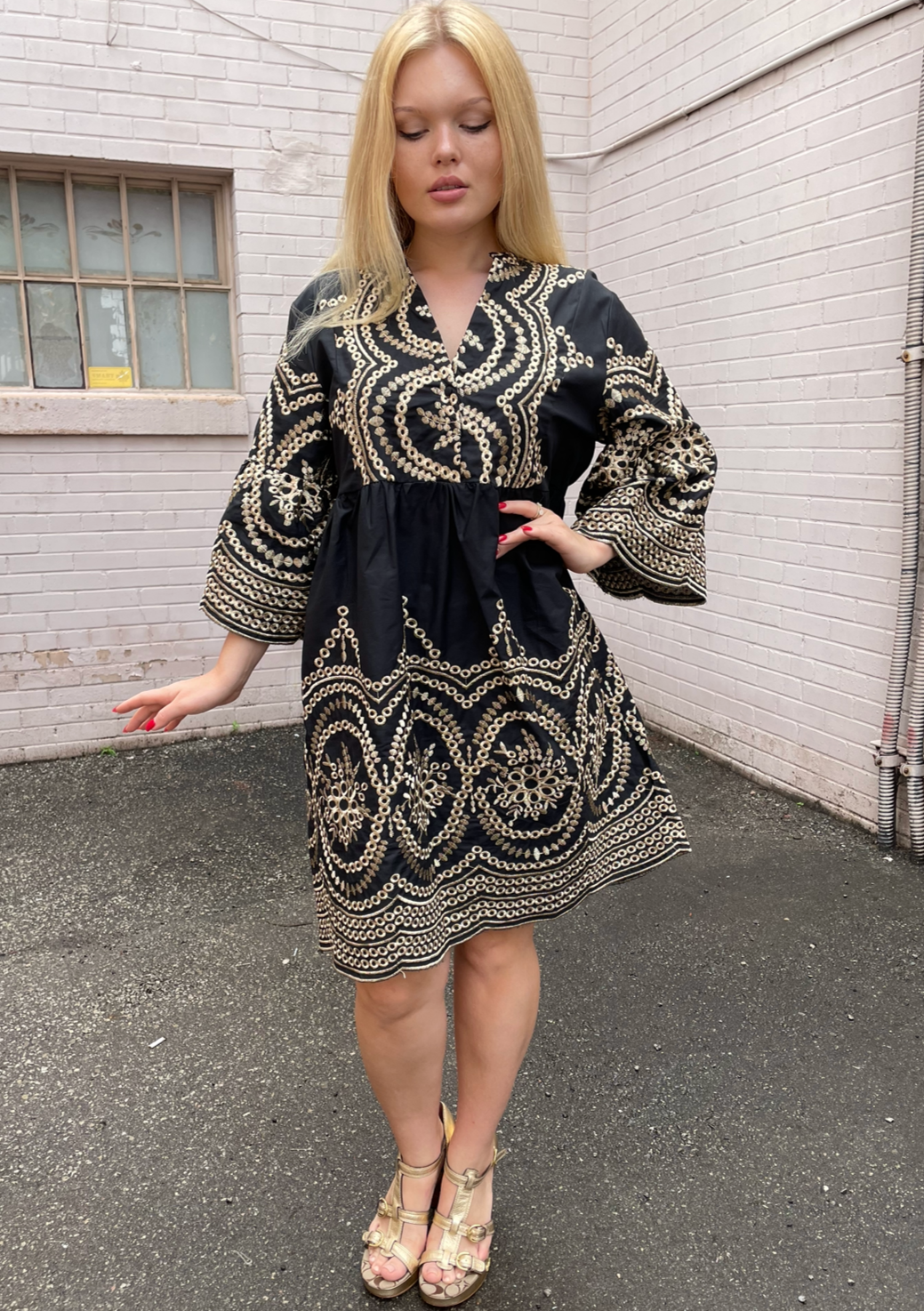 The Pink Door Gold Embroidered Scalloped Dress - Black