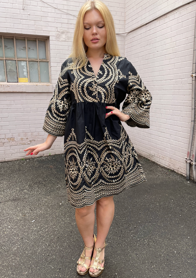 The Pink Door Gold Embroidered Scalloped Dress - Black