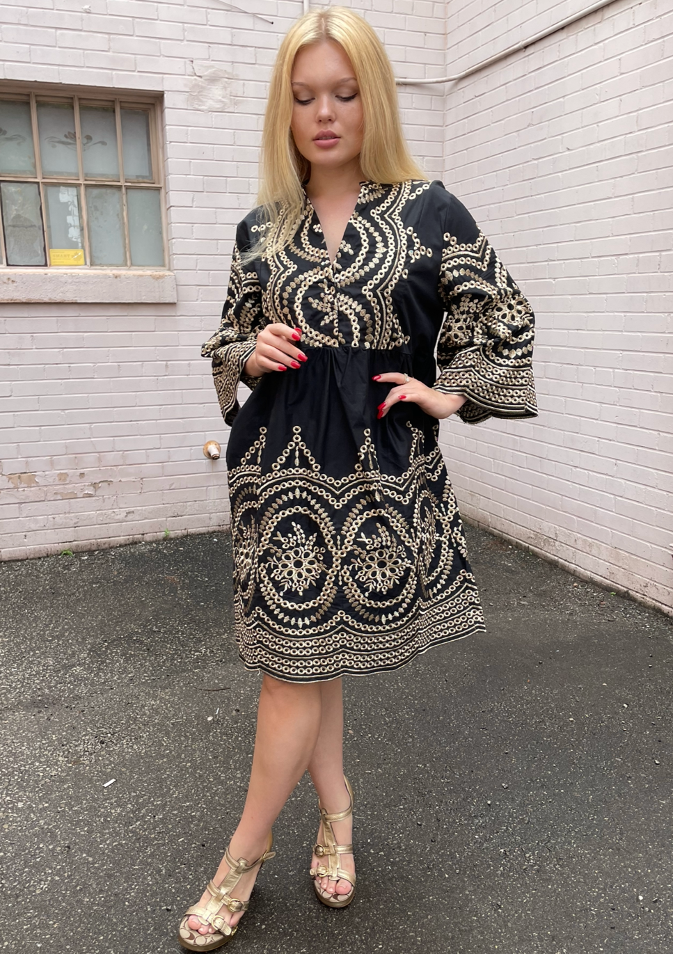 The Pink Door Gold Embroidered Scalloped Dress - Black