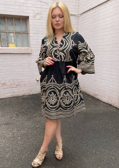 The Pink Door Gold Embroidered Scalloped Dress - Black