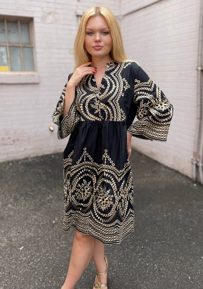 The Pink Door Gold Embroidered Scalloped Dress - Black