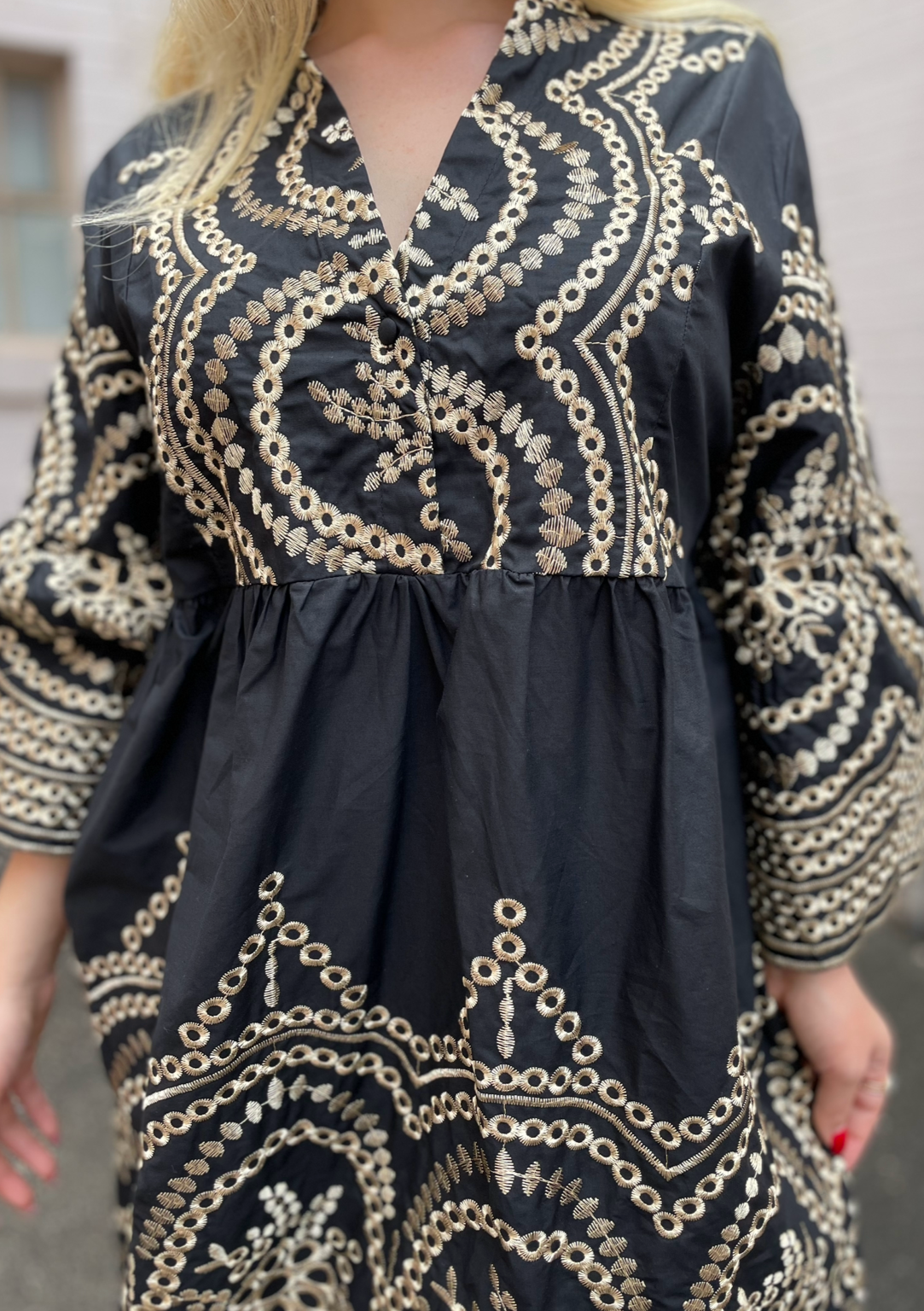 The Pink Door Gold Embroidered Scalloped Dress - Black