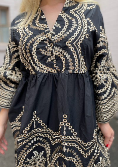 The Pink Door Gold Embroidered Scalloped Dress - Black