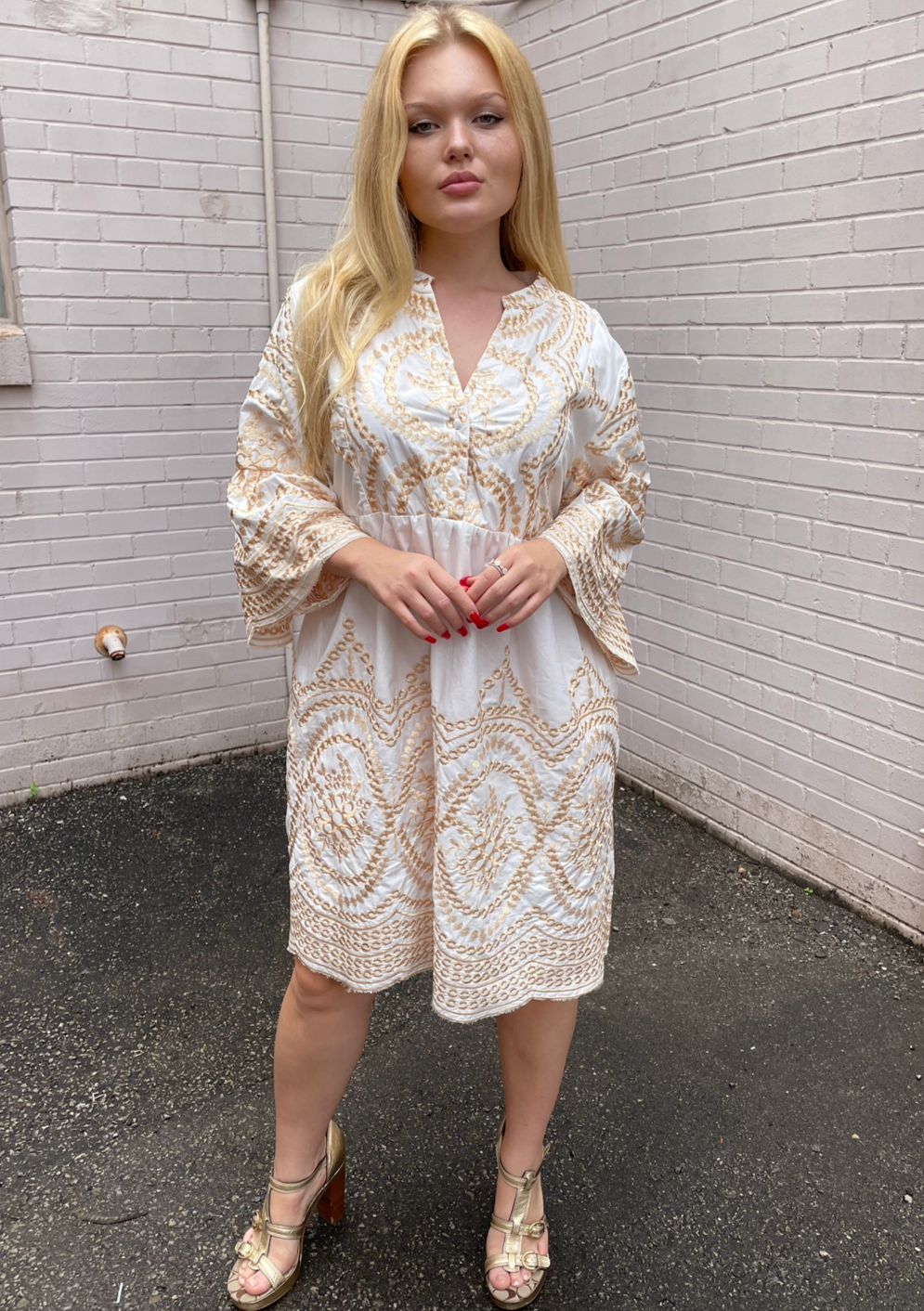 The Pink Door Gold Embroidered Scalloped Dress - White