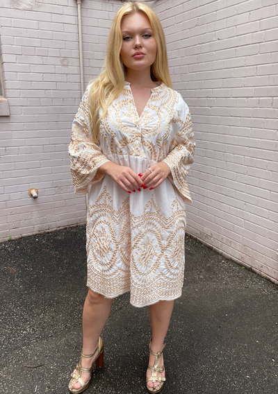 The Pink Door Gold Embroidered Scalloped Dress - White