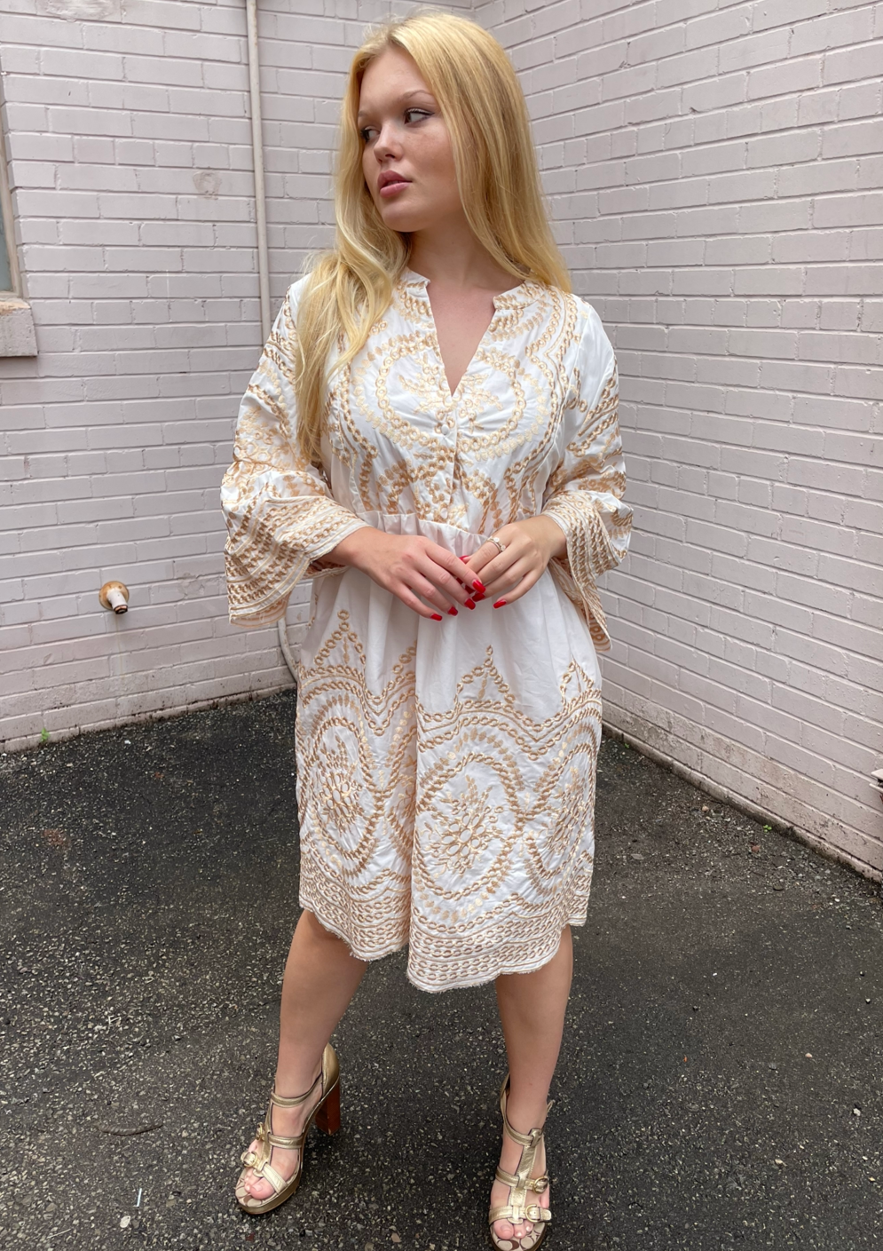 The Pink Door Gold Embroidered Scalloped Dress - White
