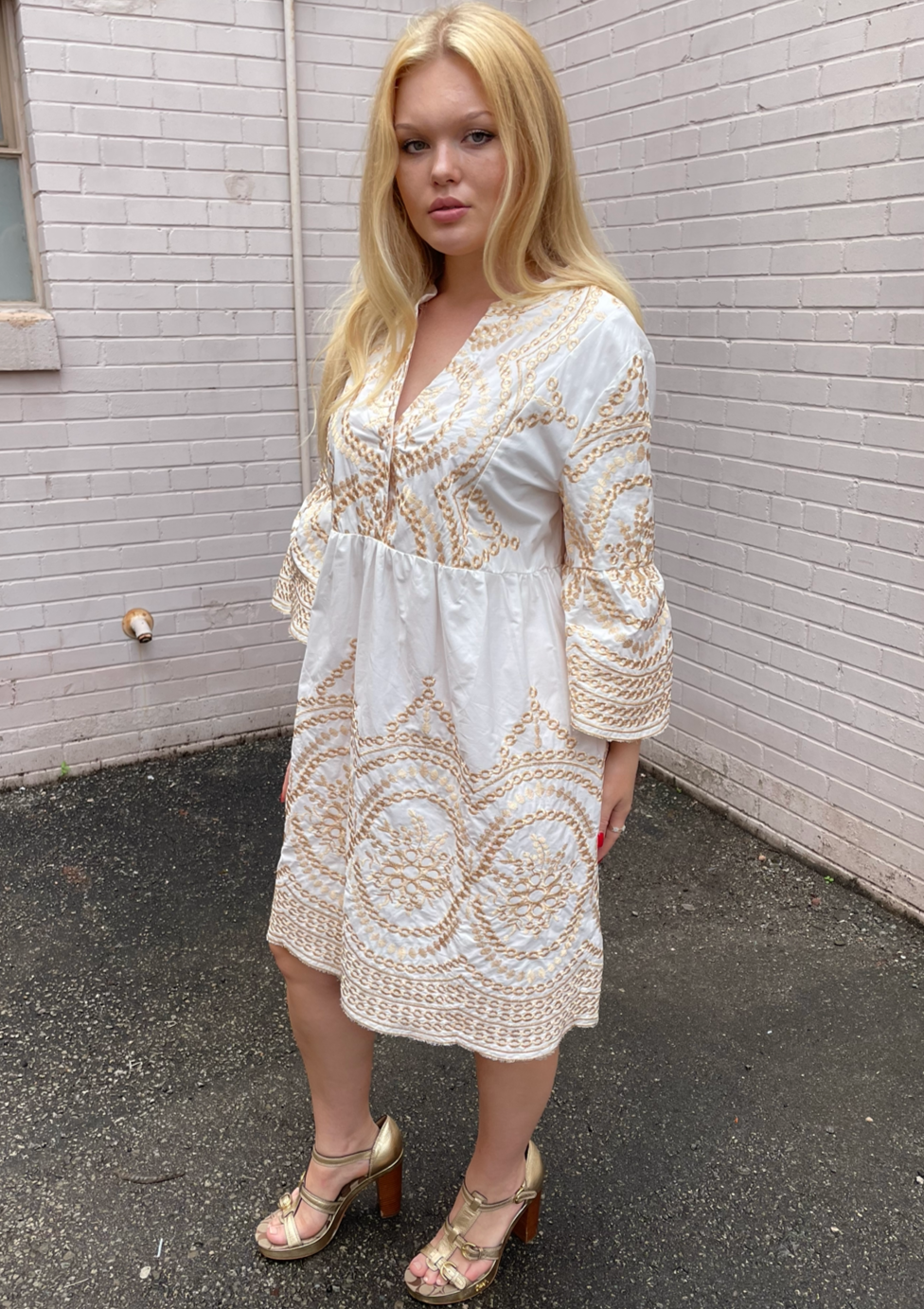 The Pink Door Gold Embroidered Scalloped Dress - White