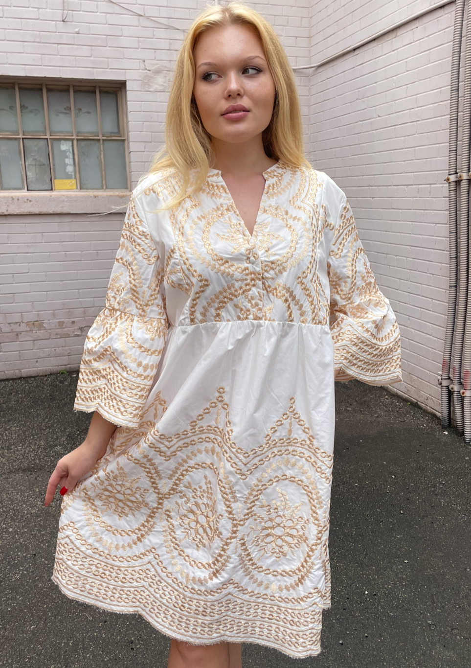 The Pink Door Gold Embroidered Scalloped Dress - White
