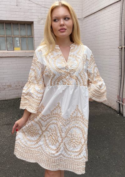 The Pink Door Gold Embroidered Scalloped Dress - White